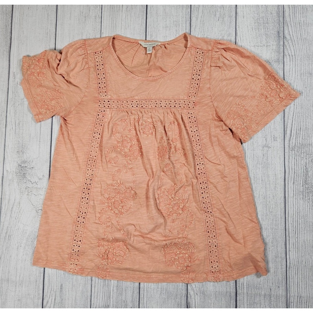 Lucky Brand Blouse Womens Small Petite Peach Cotton Embroidered Eyelet Boho